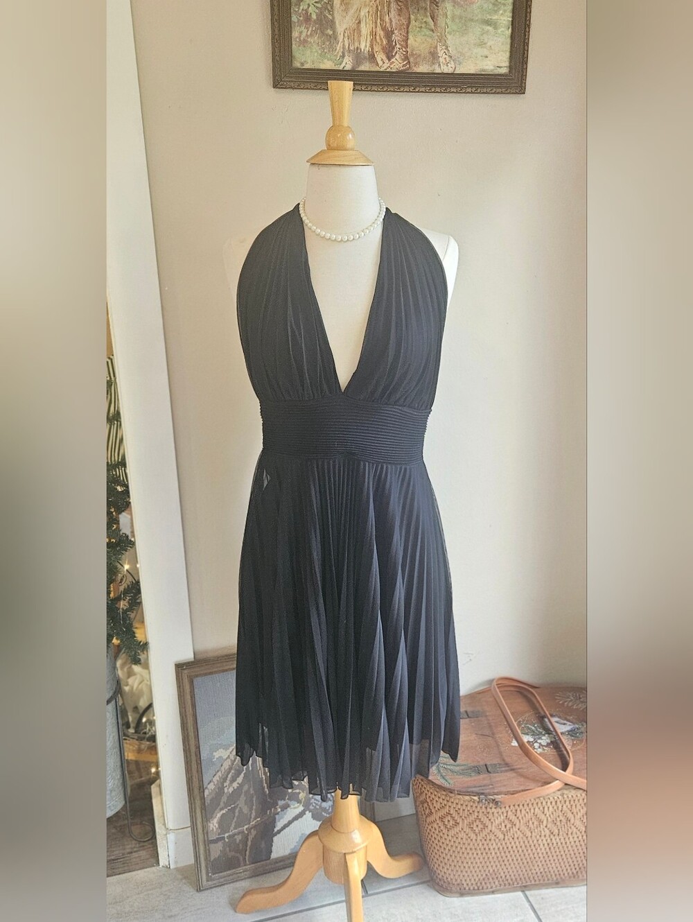 Women's Black Pleated Halter Dress